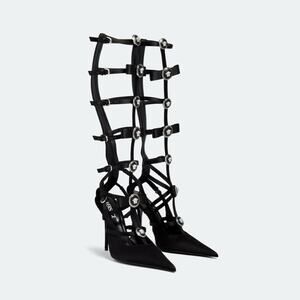 Versace Gianni Ribbon EU 38.5 US 8.5 Black Satin Knee High Cage Pumps NIB $2,225